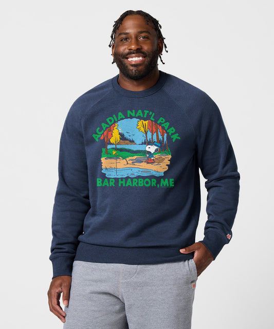 Navy crewneck sweatshirt featuring Snoopy resting against an Acadia National Park design on the front-2