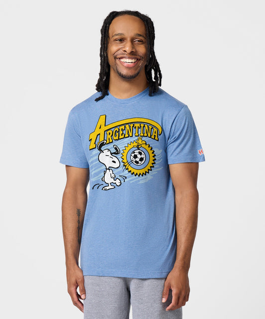 Light blue t-shirt featuring Snoopy in Argentina soccer gear centered on the chest-2