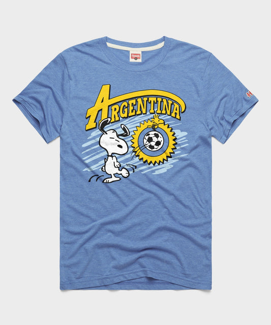 Light blue t-shirt featuring Snoopy in Argentina soccer gear centered on the chest-0