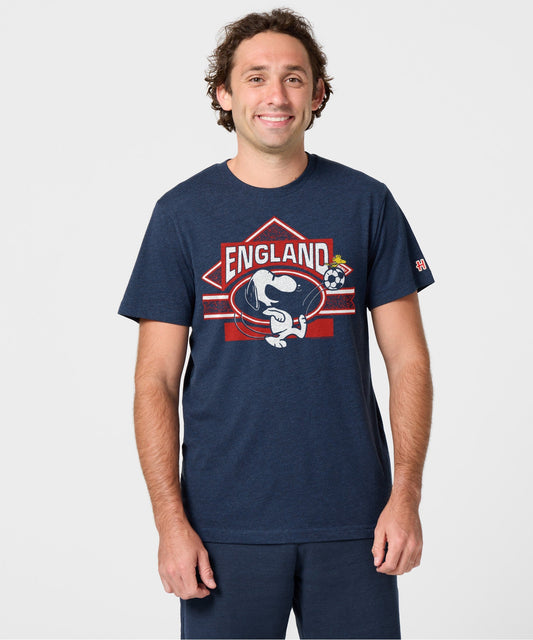 Navy blue t-shirt featuring Snoopy playing soccer in an England kit on the front chest-2