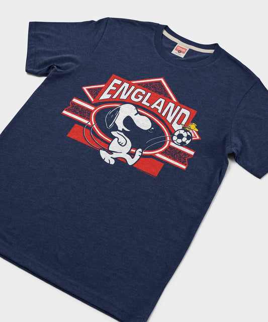 Navy blue t-shirt featuring Snoopy playing soccer in an England kit on the front chest-1