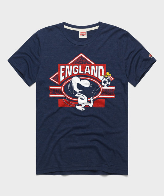 Navy blue t-shirt featuring Snoopy playing soccer in an England kit on the front chest-0