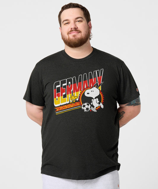 Charcoal tri-blend t-shirt featuring Snoopy in Germany soccer gear centered on the front chest-2