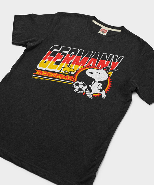 Charcoal tri-blend t-shirt featuring Snoopy in Germany soccer gear centered on the front chest-1