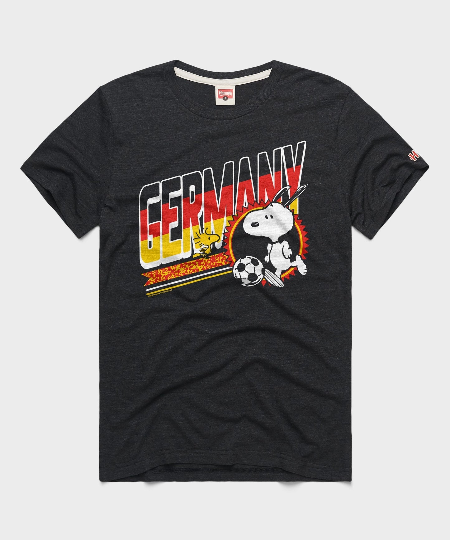 Charcoal tri-blend t-shirt featuring Snoopy in Germany soccer gear centered on the front chest