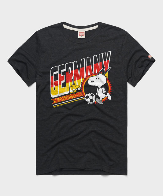 Charcoal tri-blend t-shirt featuring Snoopy in Germany soccer gear centered on the front chest-0