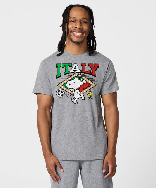 Grey tri-blend t-shirt featuring Snoopy in an Italy soccer uniform on the front center chest-2