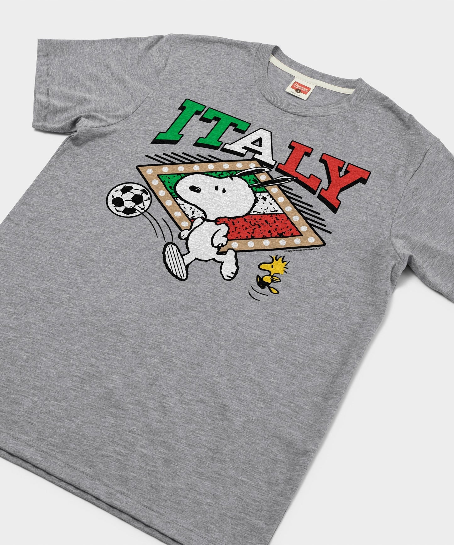 Close-up detail of the Snoopy Italy soccer graphic printed on the front of the grey t-shirt