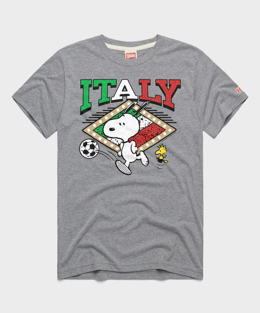 Grey tri-blend t-shirt featuring Snoopy in an Italy soccer uniform on the front center chest-0