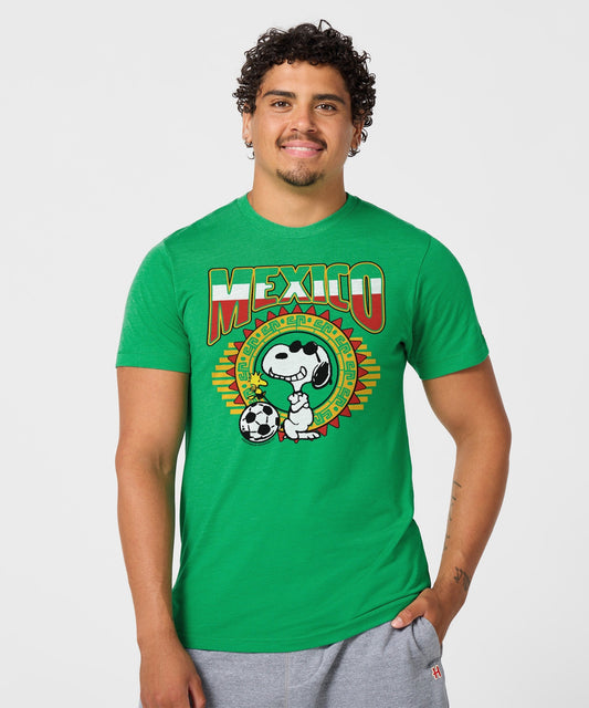 Green tri-blend t-shirt featuring Snoopy playing soccer for the Mexico national team on the front chest-2