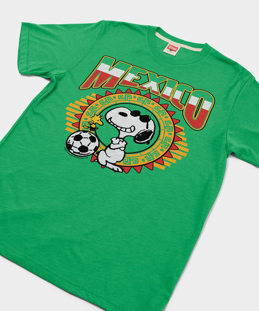 Green tri-blend t-shirt featuring Snoopy playing soccer for the Mexico national team on the front chest-1