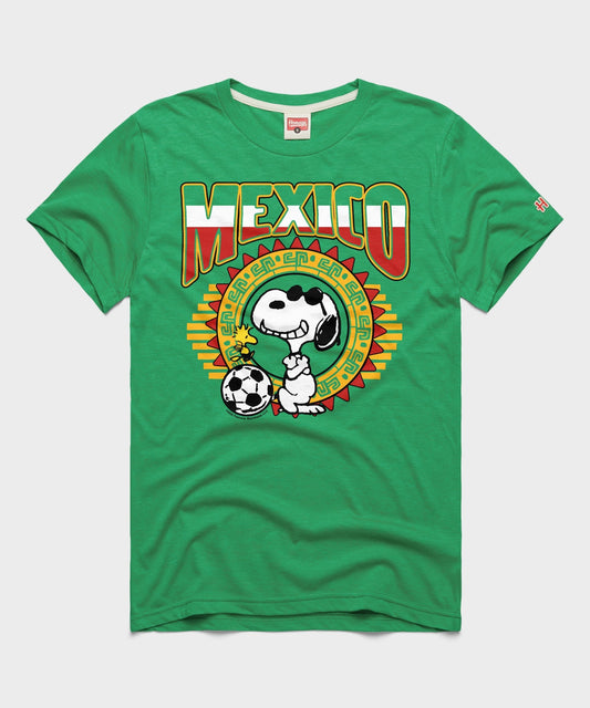 Green tri-blend t-shirt featuring Snoopy playing soccer for the Mexico national team on the front chest-0