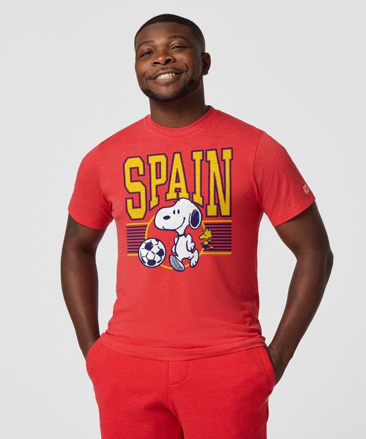 Red tri-blend t-shirt featuring Snoopy in a Spain soccer kit on the front chest-2
