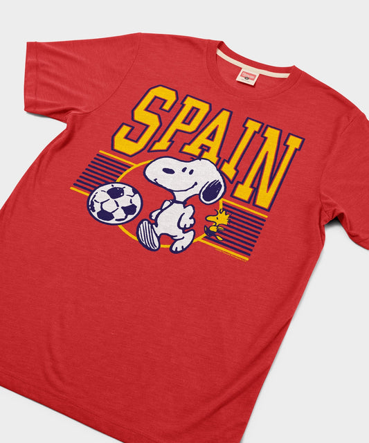 Red tri-blend t-shirt featuring Snoopy in a Spain soccer kit on the front chest-1