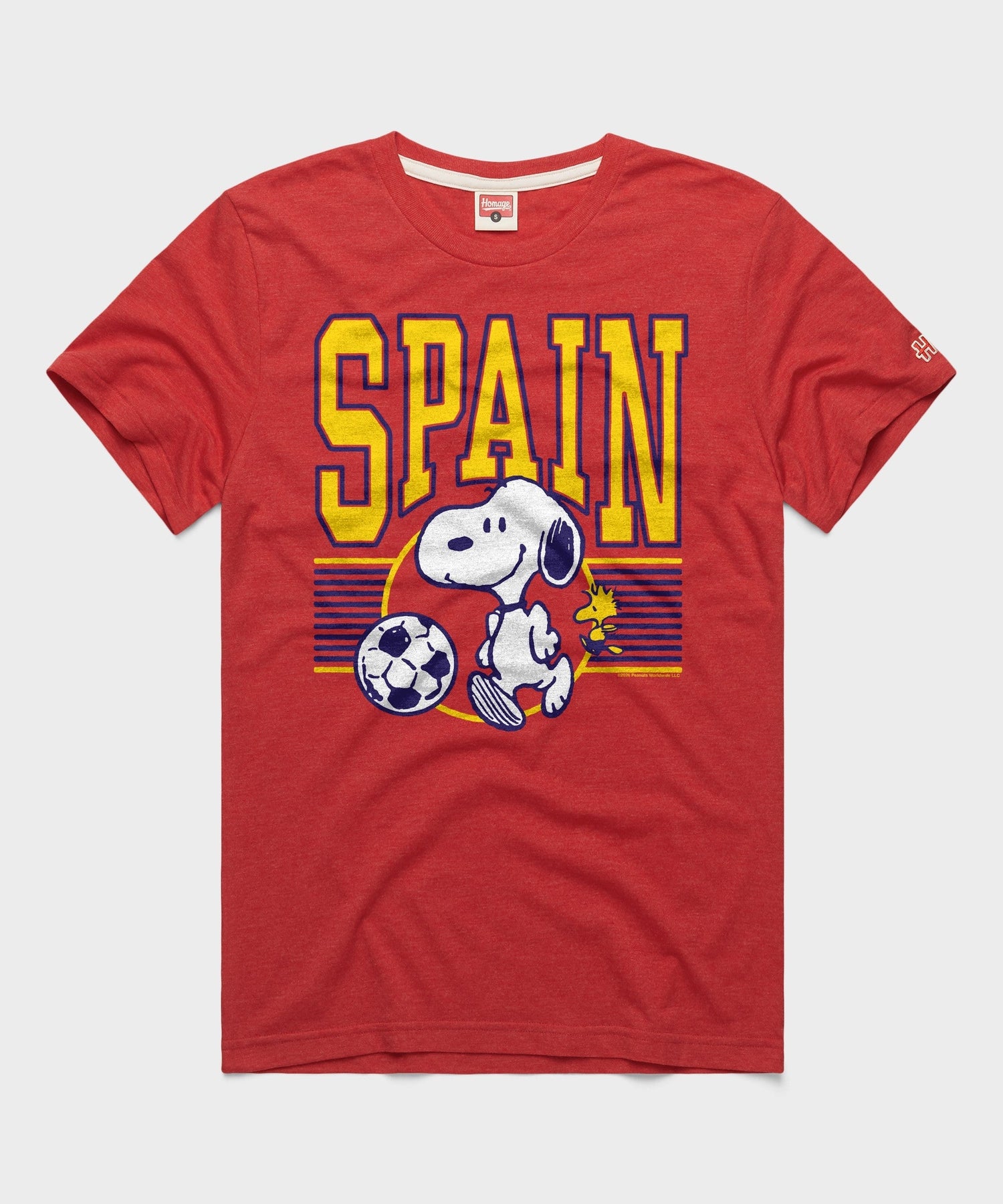 Red tri-blend t-shirt featuring Snoopy in a Spain soccer kit on the front chest