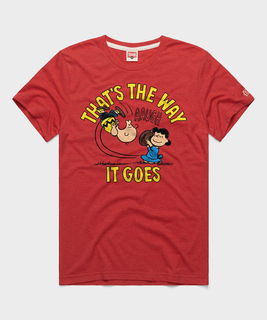 Heathered red crewneck t-shirt featuring Charlie Brown and the That's The Way It Goes graphic on the front chest-0