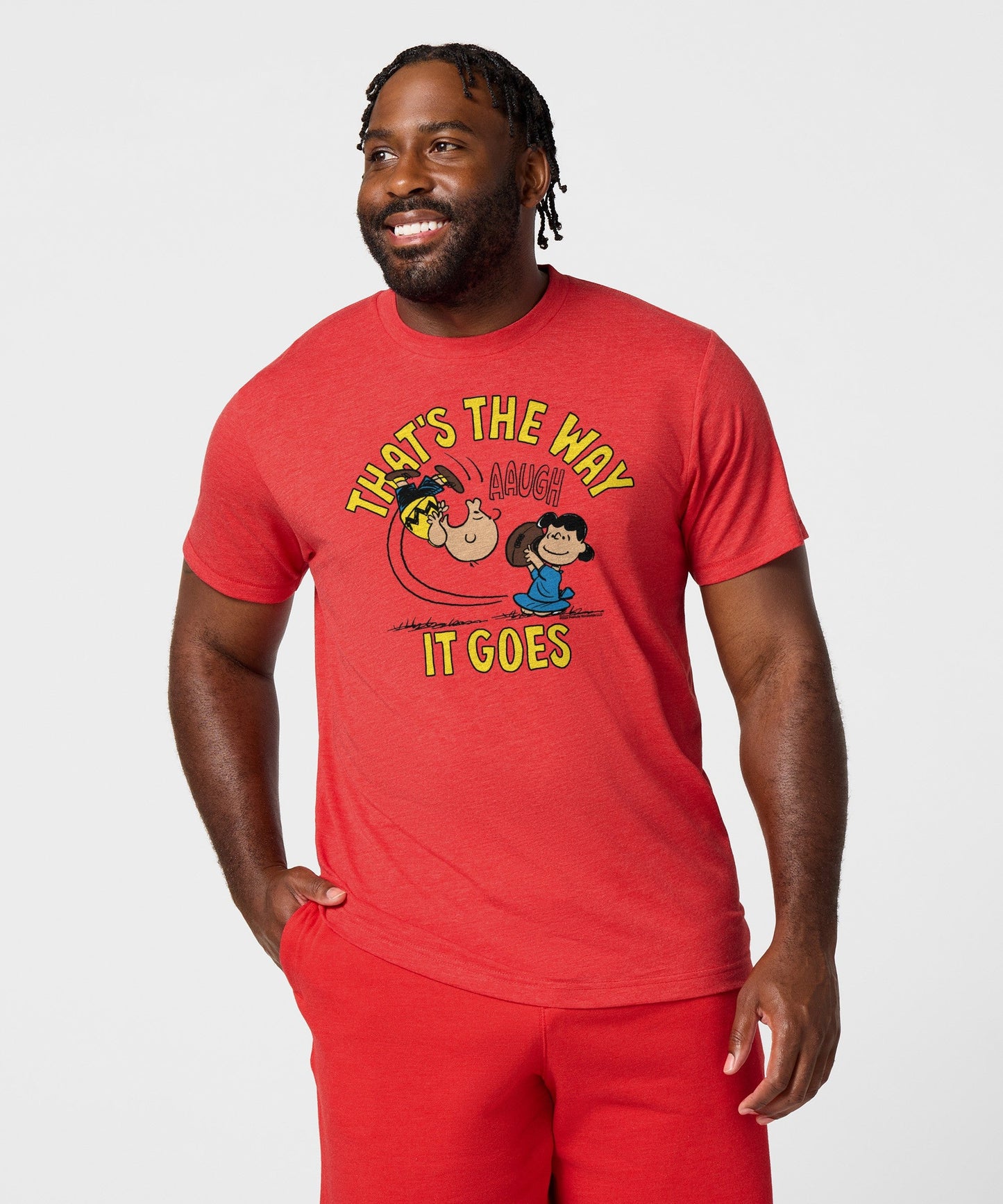 Side view of the soft cotton blend t-shirt showing the classic fit and sleeve length