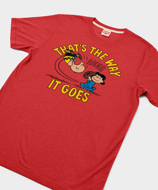 Heathered red crewneck t-shirt featuring Charlie Brown and the That's The Way It Goes graphic on the front chest-1