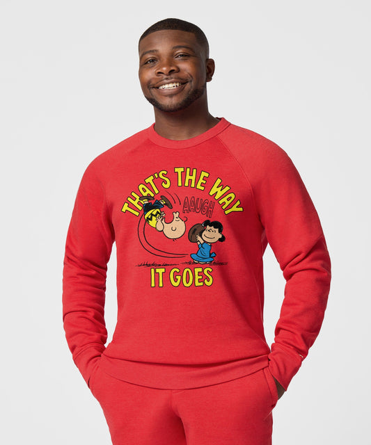 Red crewneck sweatshirt featuring Charlie Brown and That's The Way It Goes graphic on the front chest-2