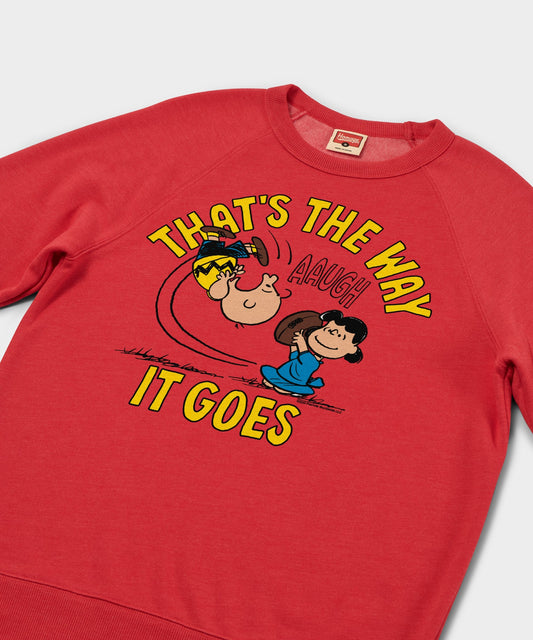 Red crewneck sweatshirt featuring Charlie Brown and That's The Way It Goes graphic on the front chest-1