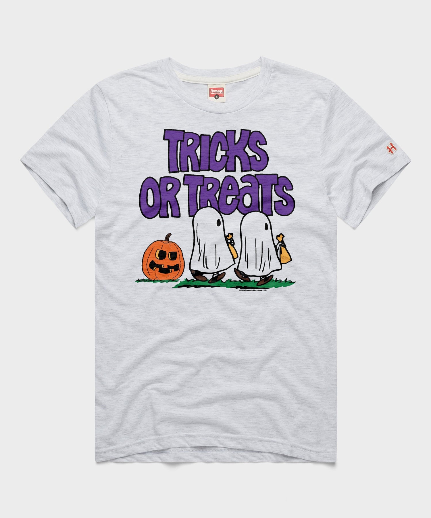 Ash crewneck t-shirt featuring Charlie Brown and the Peanuts gang in a Halloween graphic on the front