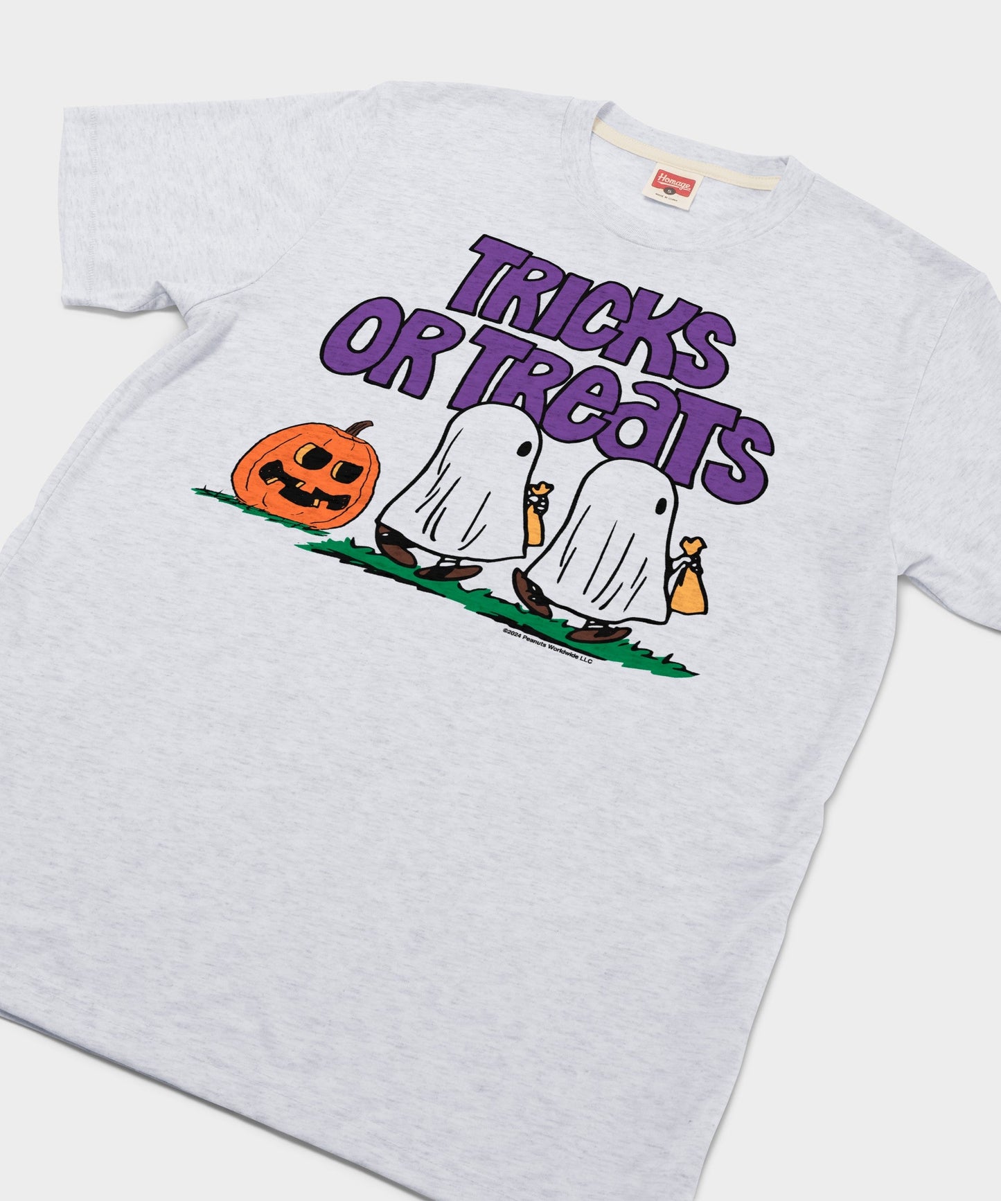 Close-up of the front chest graphic showing Charlie Brown and friends in a seasonal design