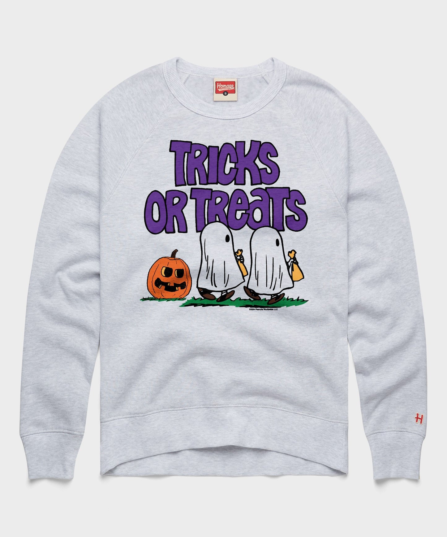 Ash grey crewneck sweatshirt featuring a vintage Peanuts autumn graphic on the front chest