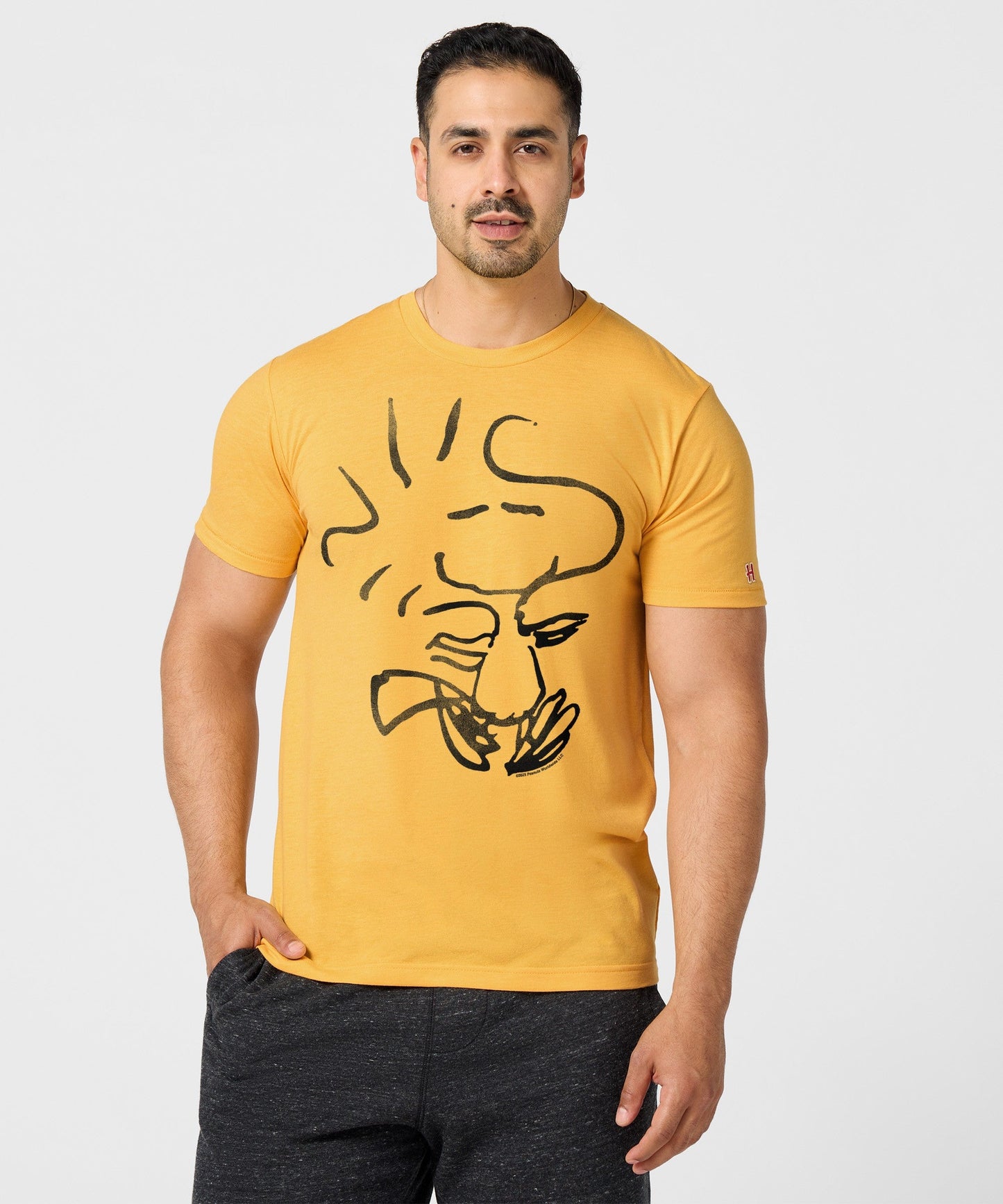 Back view of the gold t-shirt, showing plain solid fabric