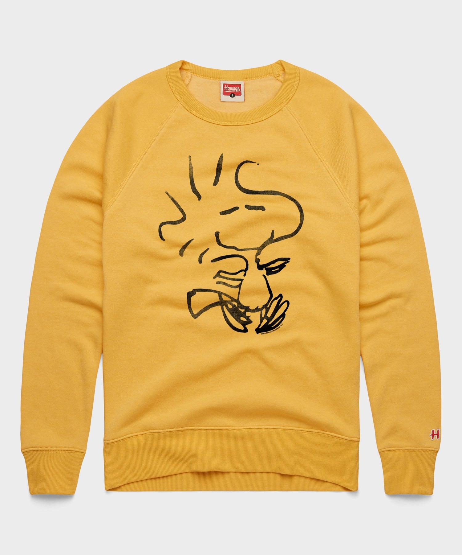 Gold crewneck sweatshirt featuring Woodstock centered on the front chest