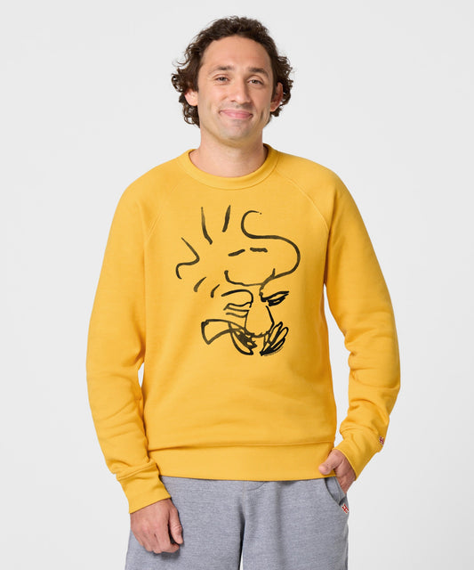 Gold crewneck sweatshirt featuring Woodstock centered on the front chest-2