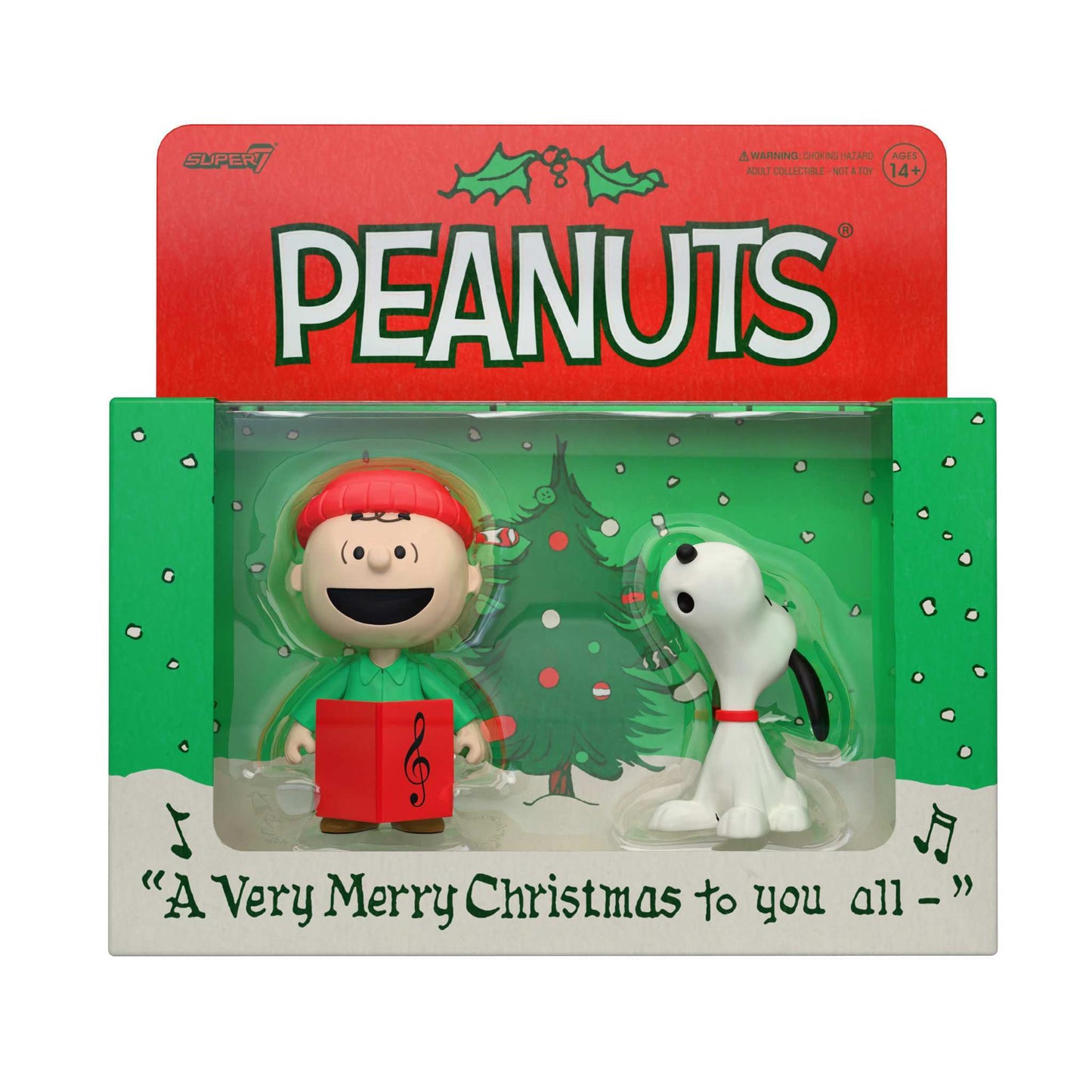 Back view of the Super7 ReAction Peanuts caroling figures