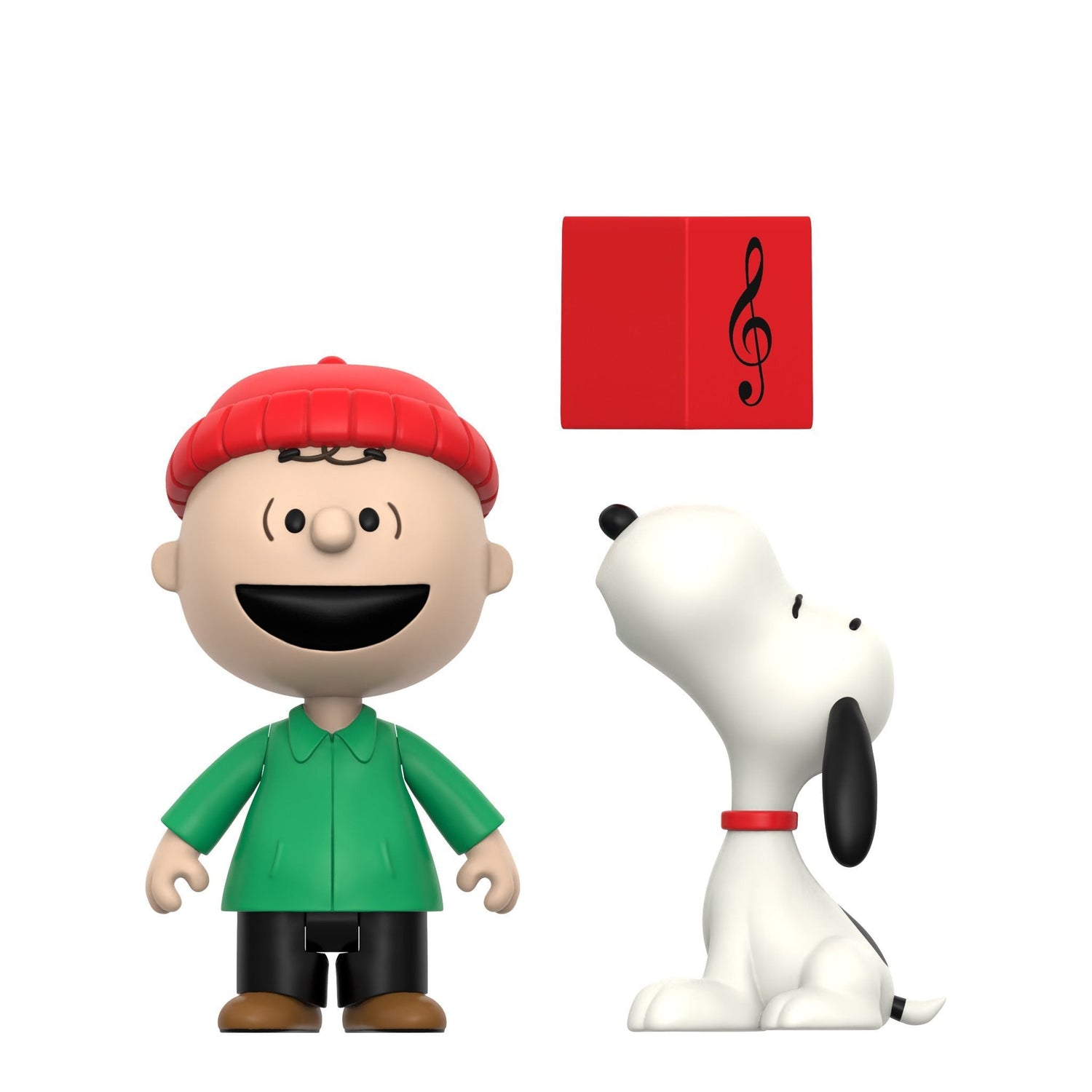 Close up of Snoopy caroling figure holding a yellow caroling book