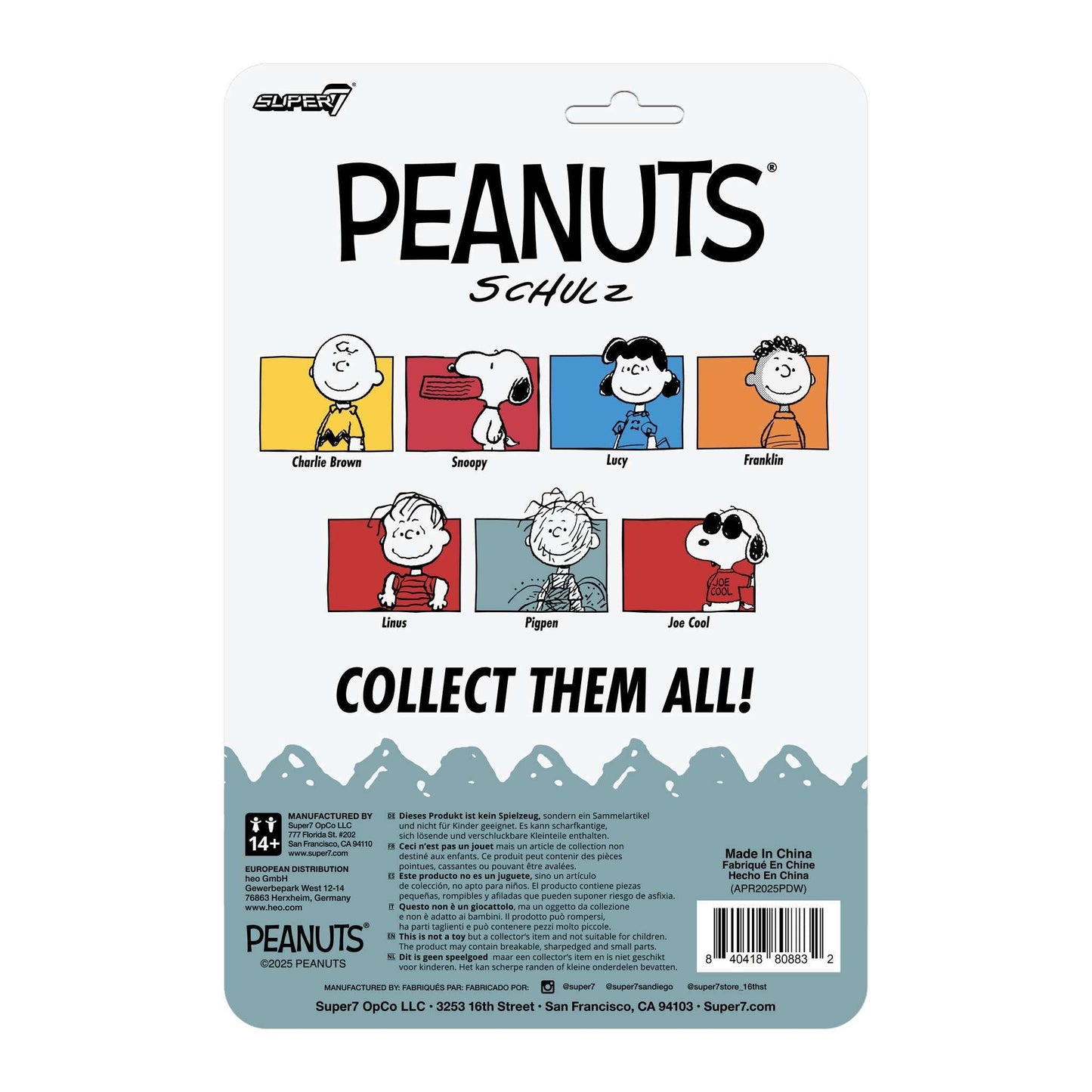 Back of Super7 packaging featuring Peanuts character art