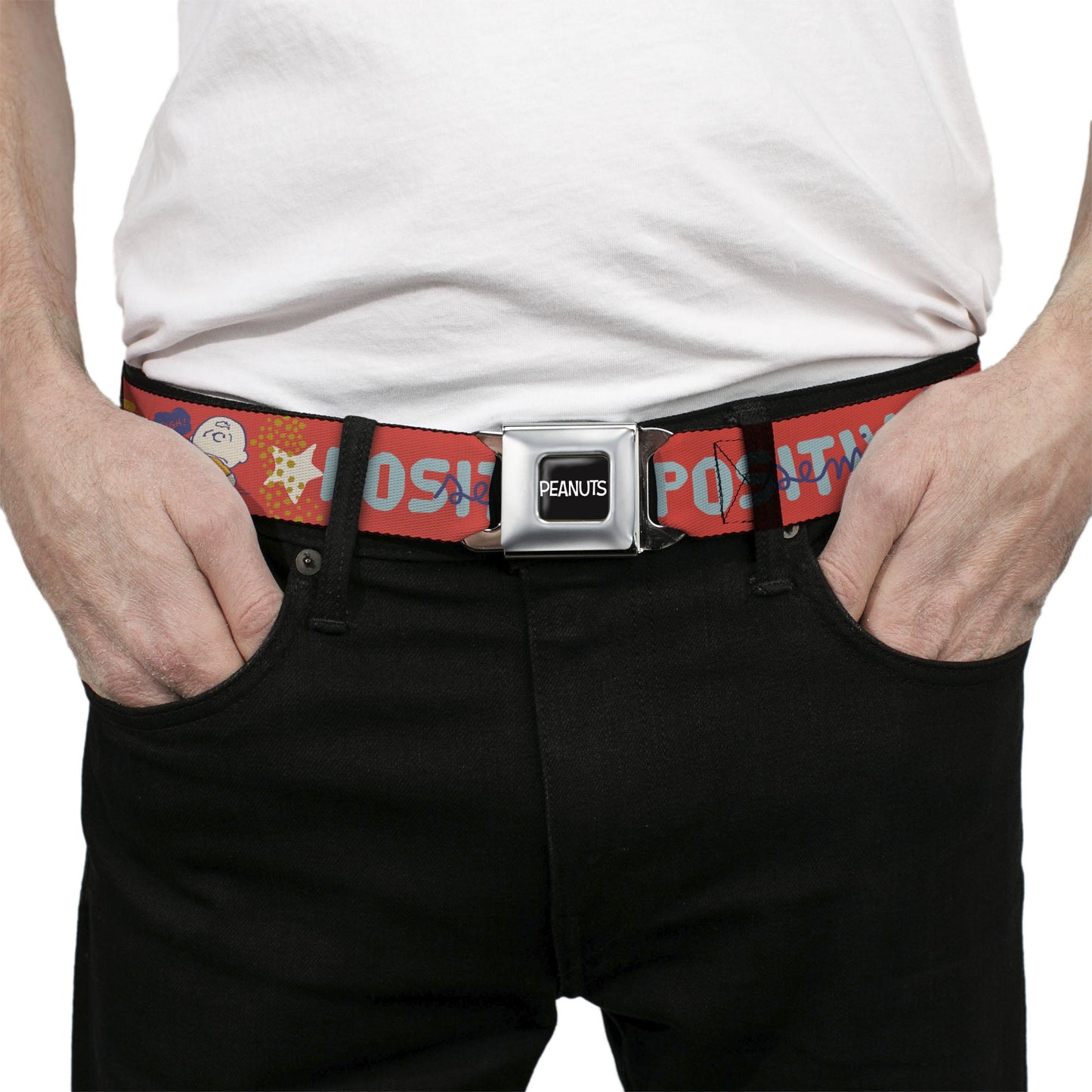 Peanuts Title Logo Seatbelt Belt: Black/White Design & Semi-Positive Vibes Webbing from The Peanuts Store.