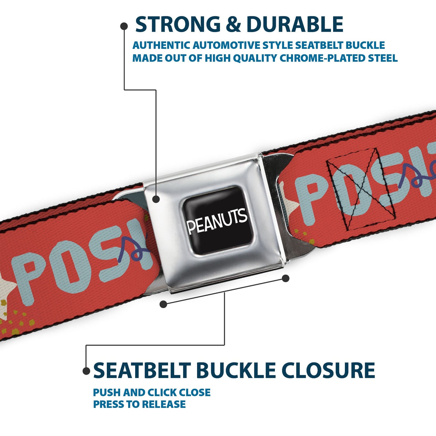 Peanuts Title Logo Seatbelt Belt: Black/White Design & Semi-Positive Vibes Webbing from The Peanuts Store.