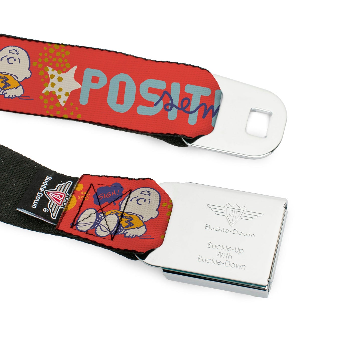 Peanuts Title Logo Seatbelt Belt: Black/White Design & Semi-Positive Vibes Webbing from The Peanuts Store.