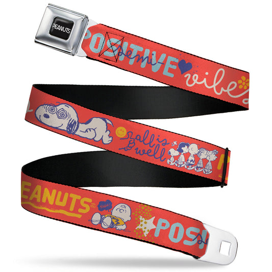 Peanuts Title Logo Seatbelt Belt: Black/White Design & Semi-Positive Vibes Webbing from The Peanuts Store.-0