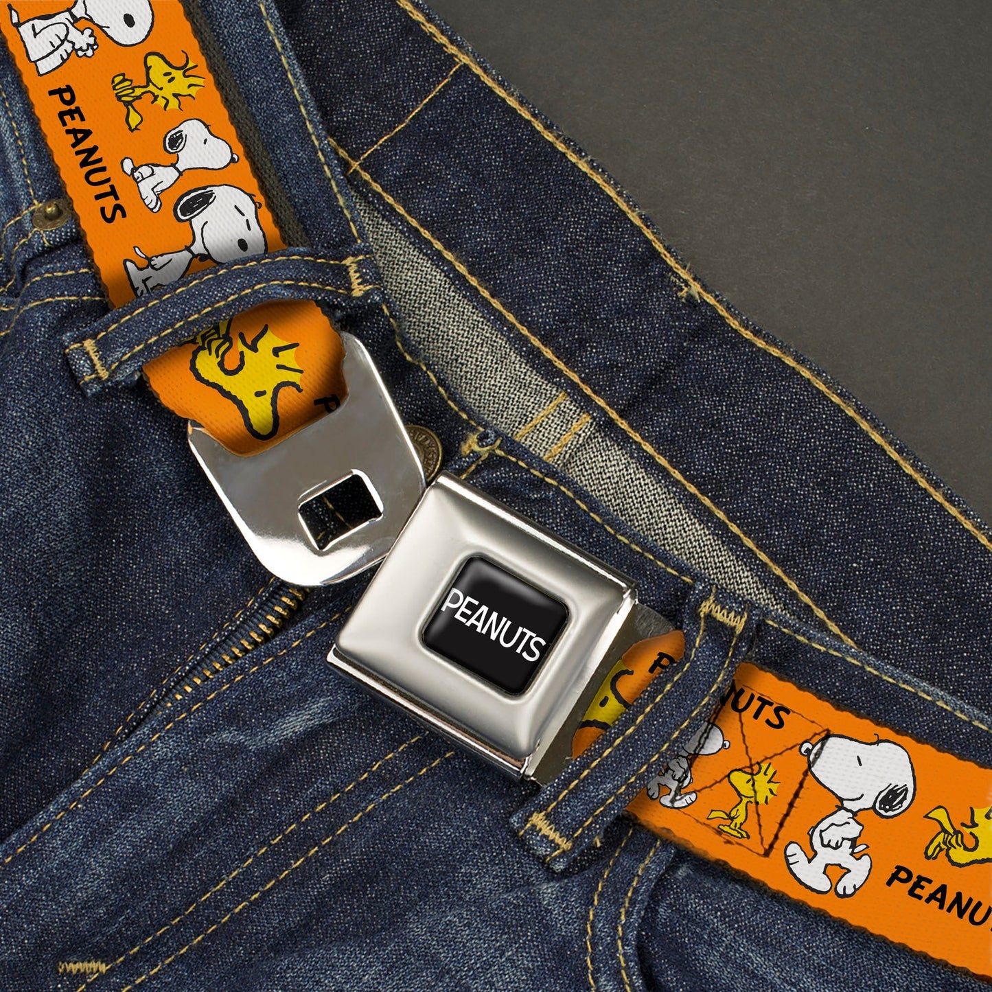 Peanuts Seatbelt Belt: Snoopy, Woodstock & Logo Orange Design
