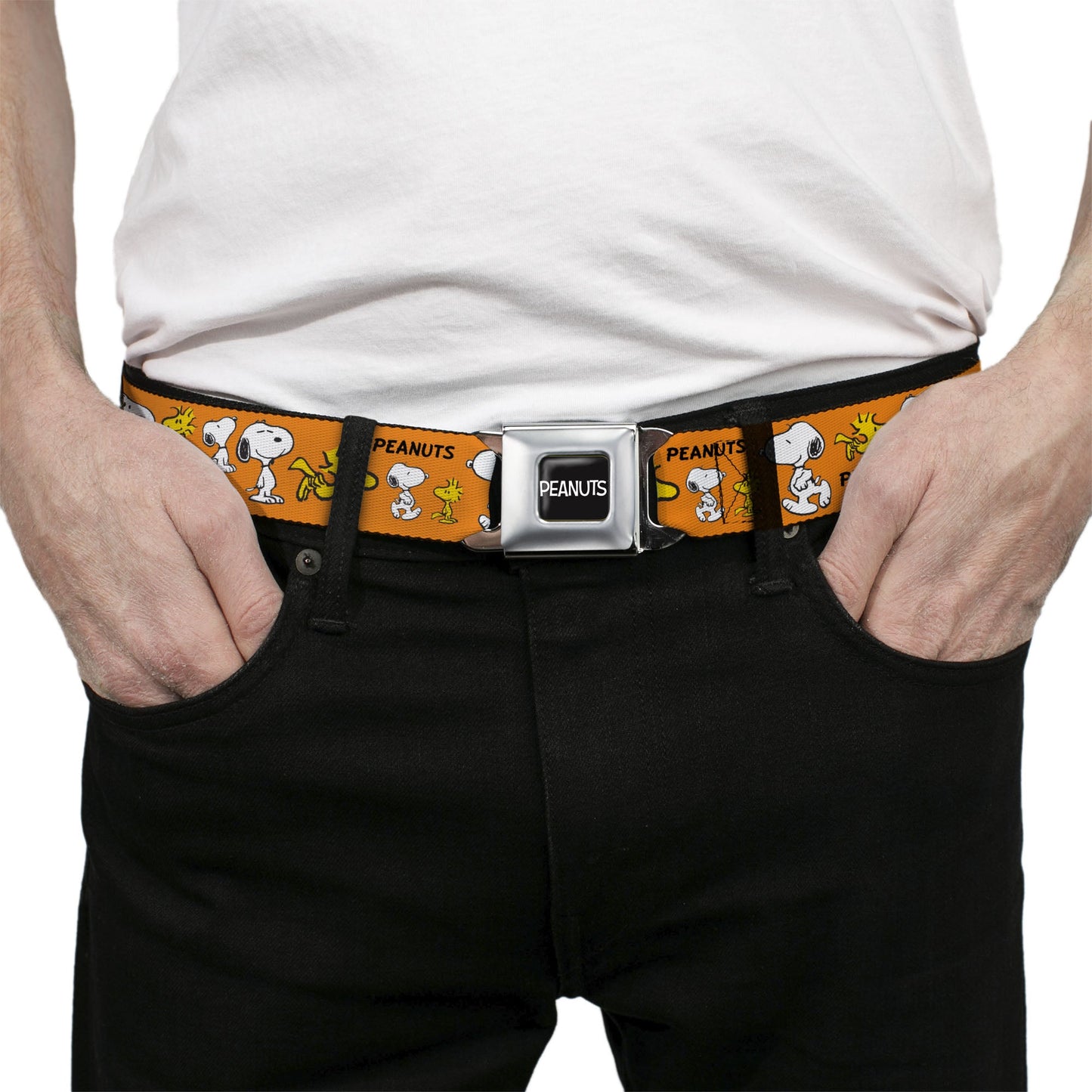 Peanuts Seatbelt Belt: Snoopy, Woodstock & Logo Orange Design