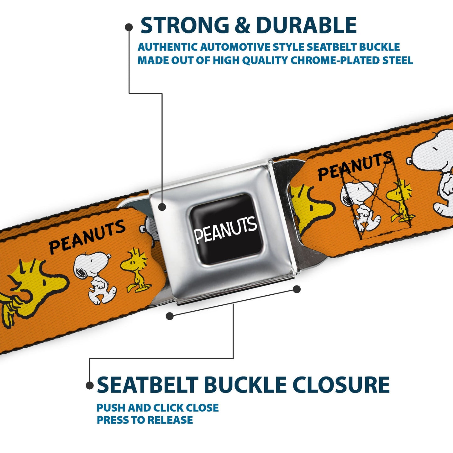 Peanuts Seatbelt Belt: Snoopy, Woodstock & Logo Orange Design