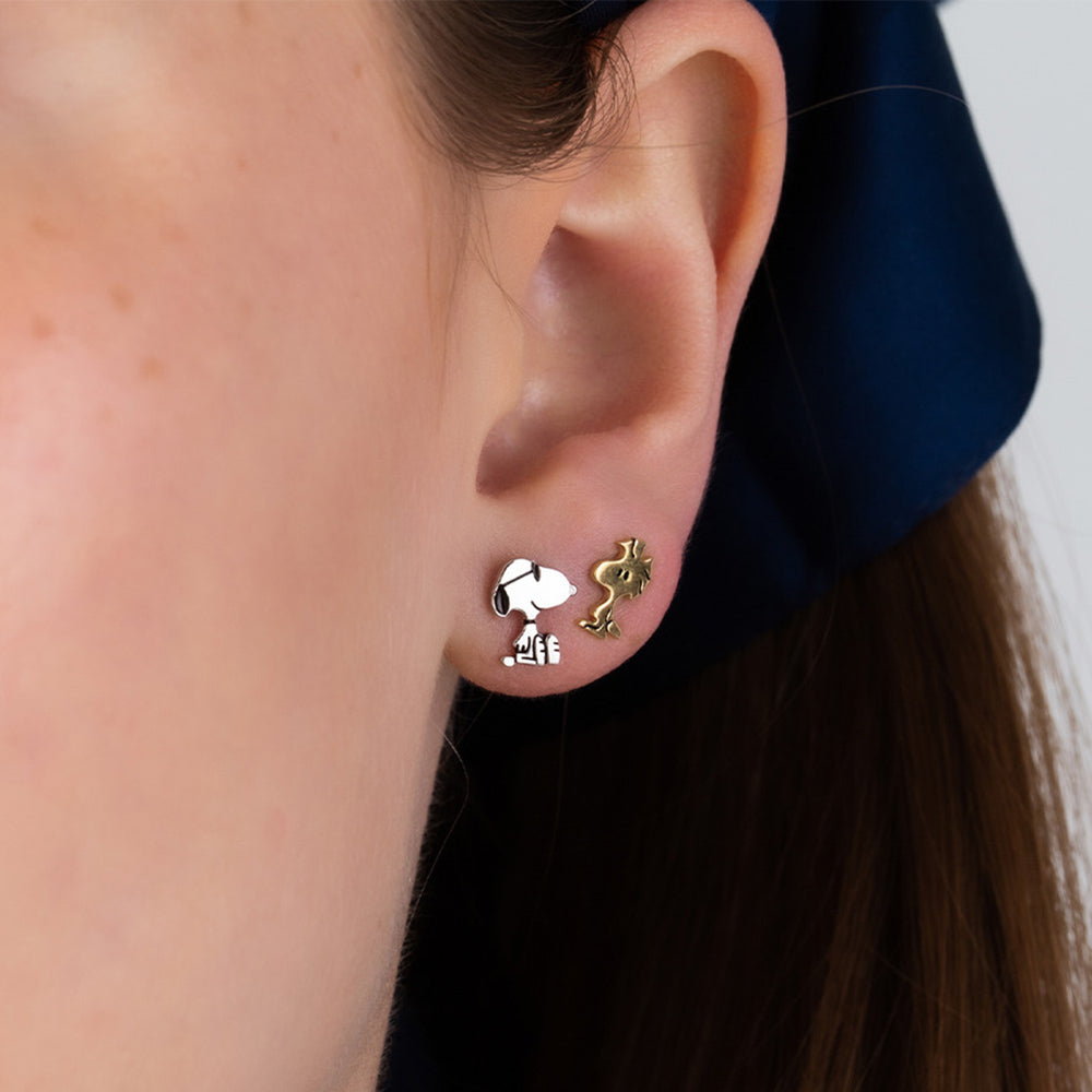 Peanuts Snoopy & Woodstock Sterling Silver Stud Earrings Finished in Pure Platinum