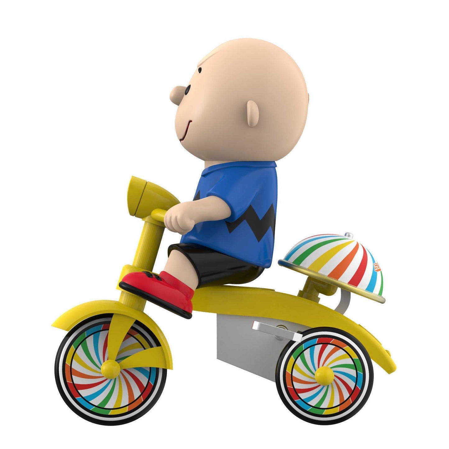 Detail shot of the internal wind-up mechanism on the side of the blue tricycle.