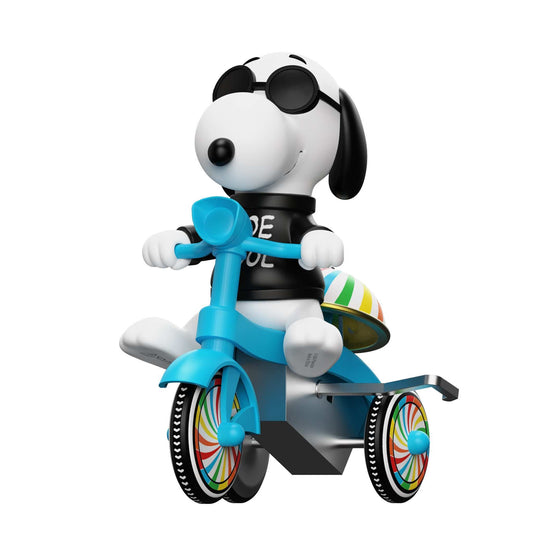 Snoopy as Joe Cool on a blue tricycle with a black shirt and sunglasses.-1