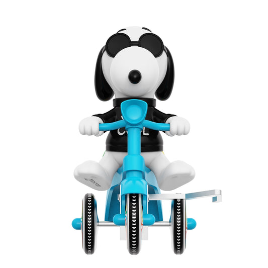 Snoopy as Joe Cool on a blue tricycle with a black shirt and sunglasses.-2