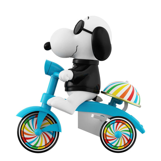 Snoopy as Joe Cool on a blue tricycle with a black shirt and sunglasses.-3