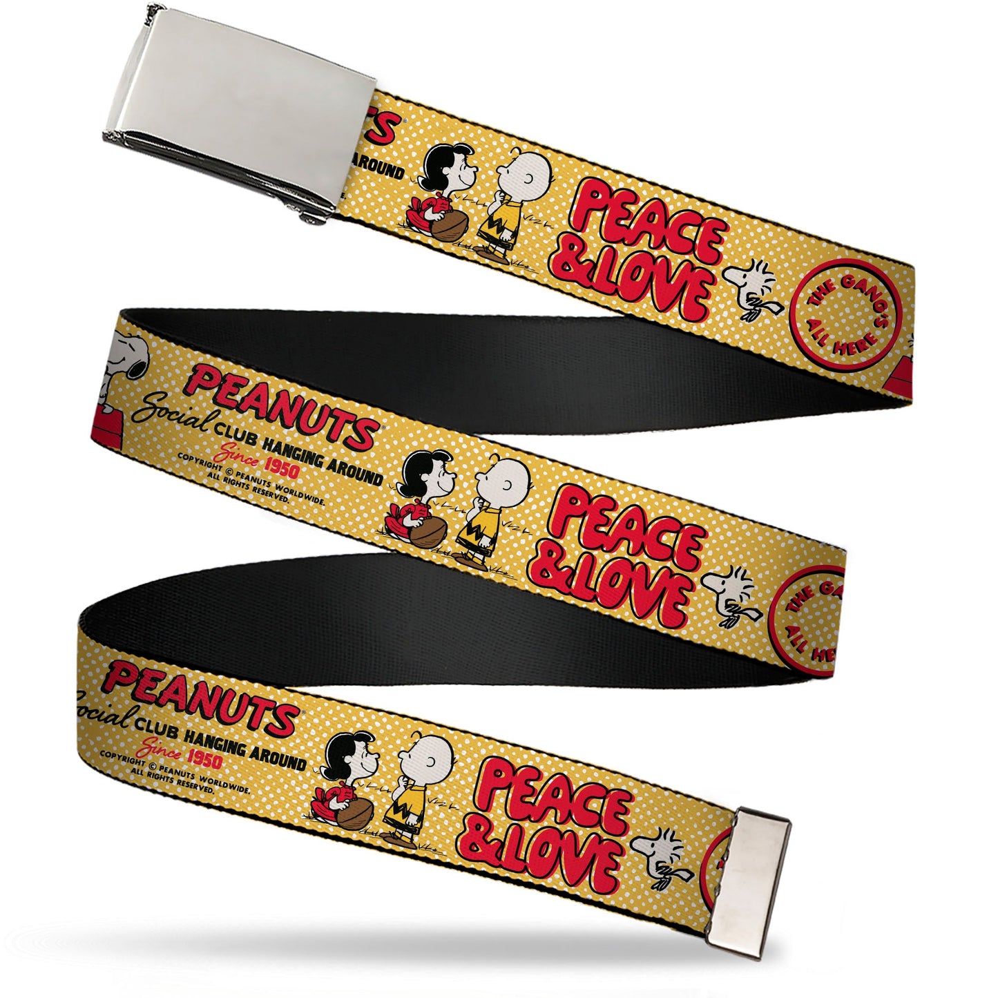 The Peanuts Store Web Belt Clamp Buckle: Peace & Love Scenes