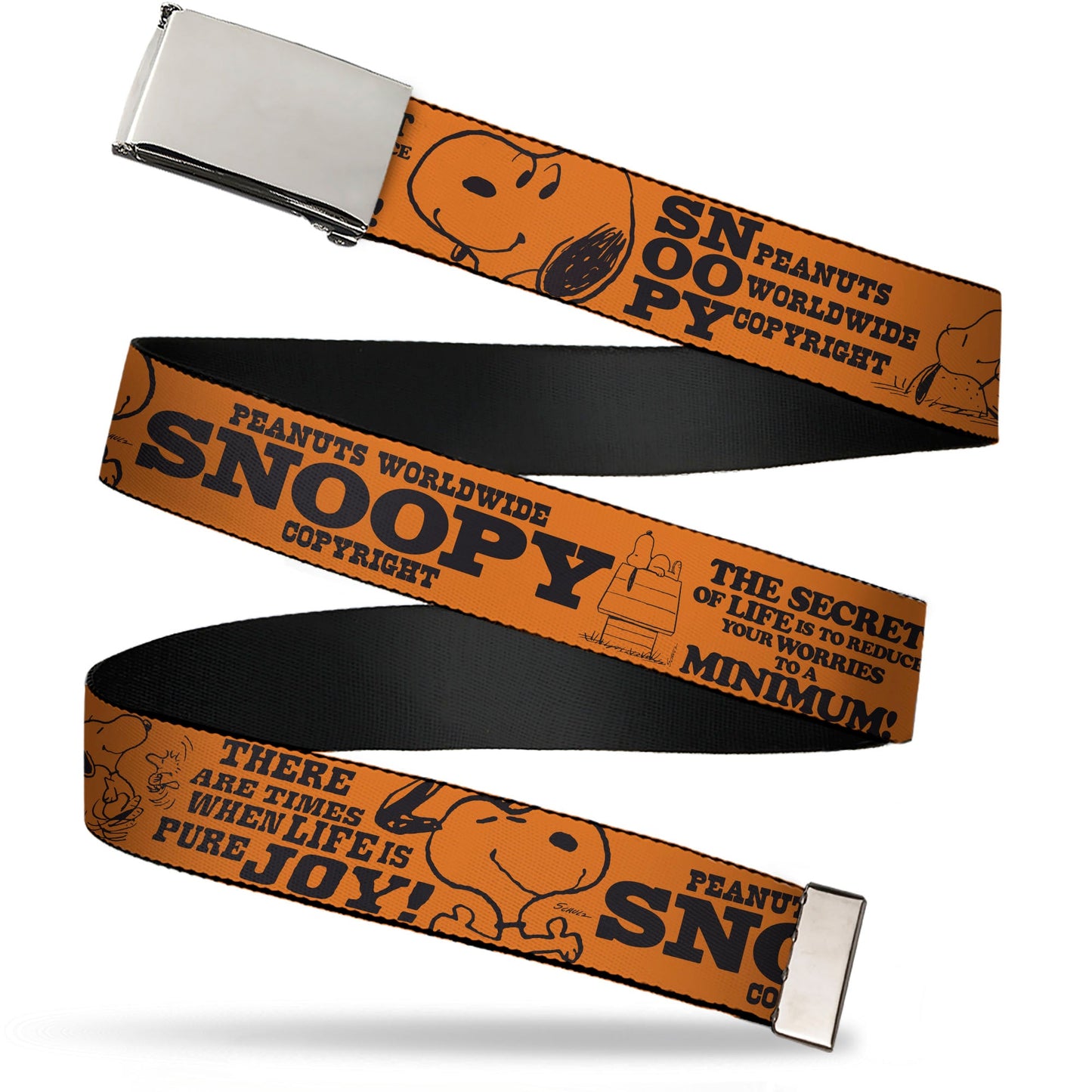Snoopy Poses and Quotes Collage Orange/Black Web Belt with Clamp Buckle | The Peanuts Store
