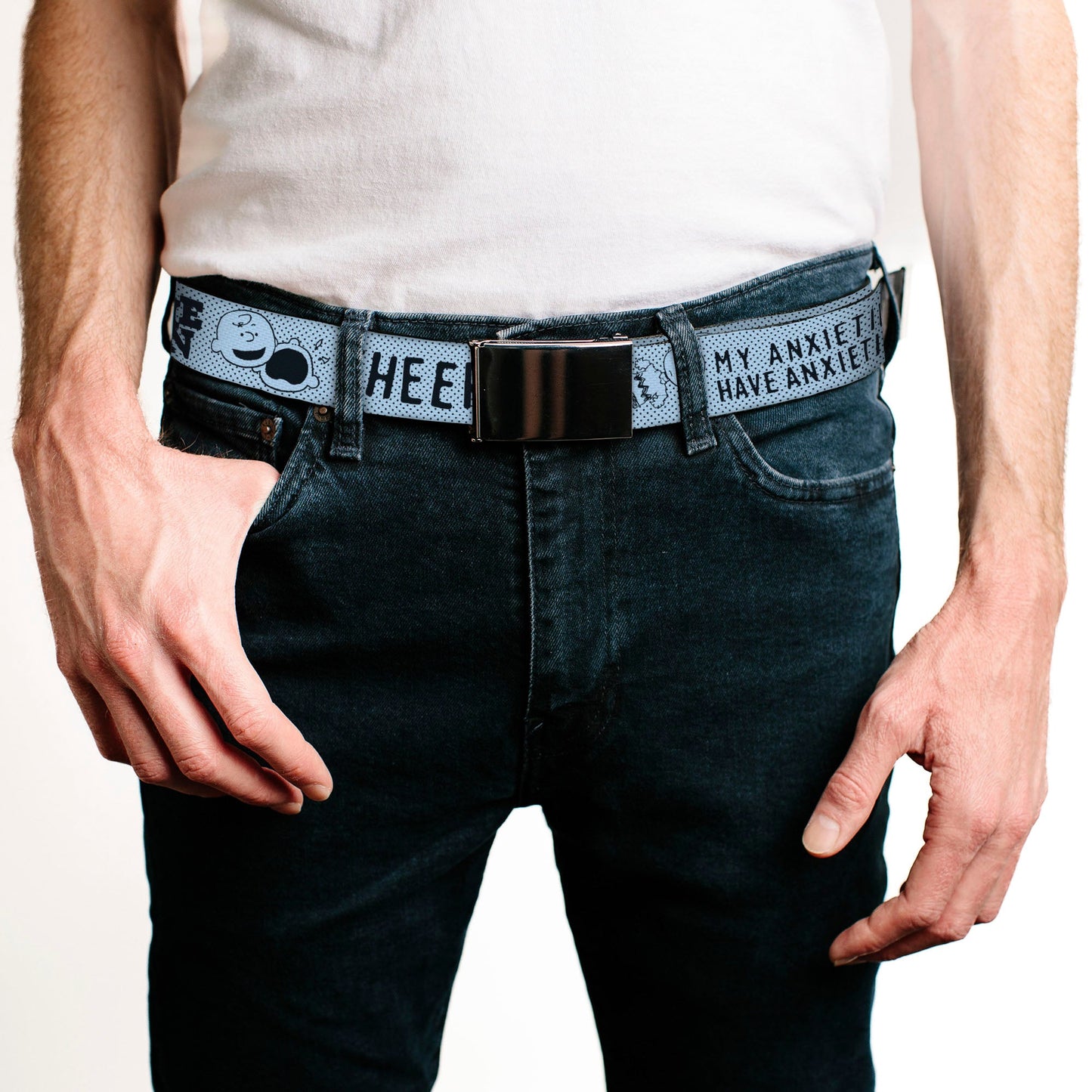 Web Belt Clamp Buckle - CHARLIE BROWN Poses and Quotes Baby Blue/Black Webbing