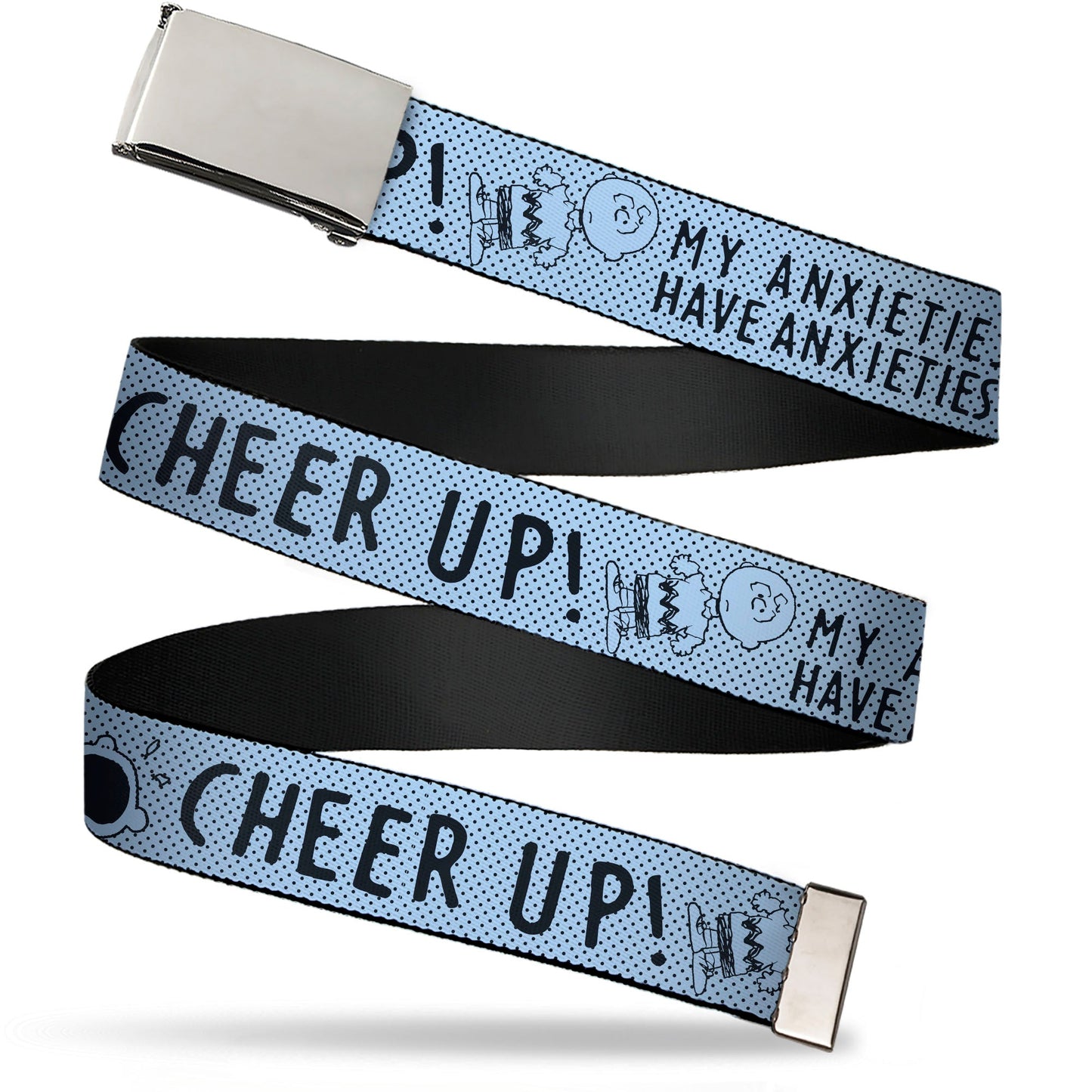 Web Belt Clamp Buckle - CHARLIE BROWN Poses and Quotes Baby Blue/Black Webbing