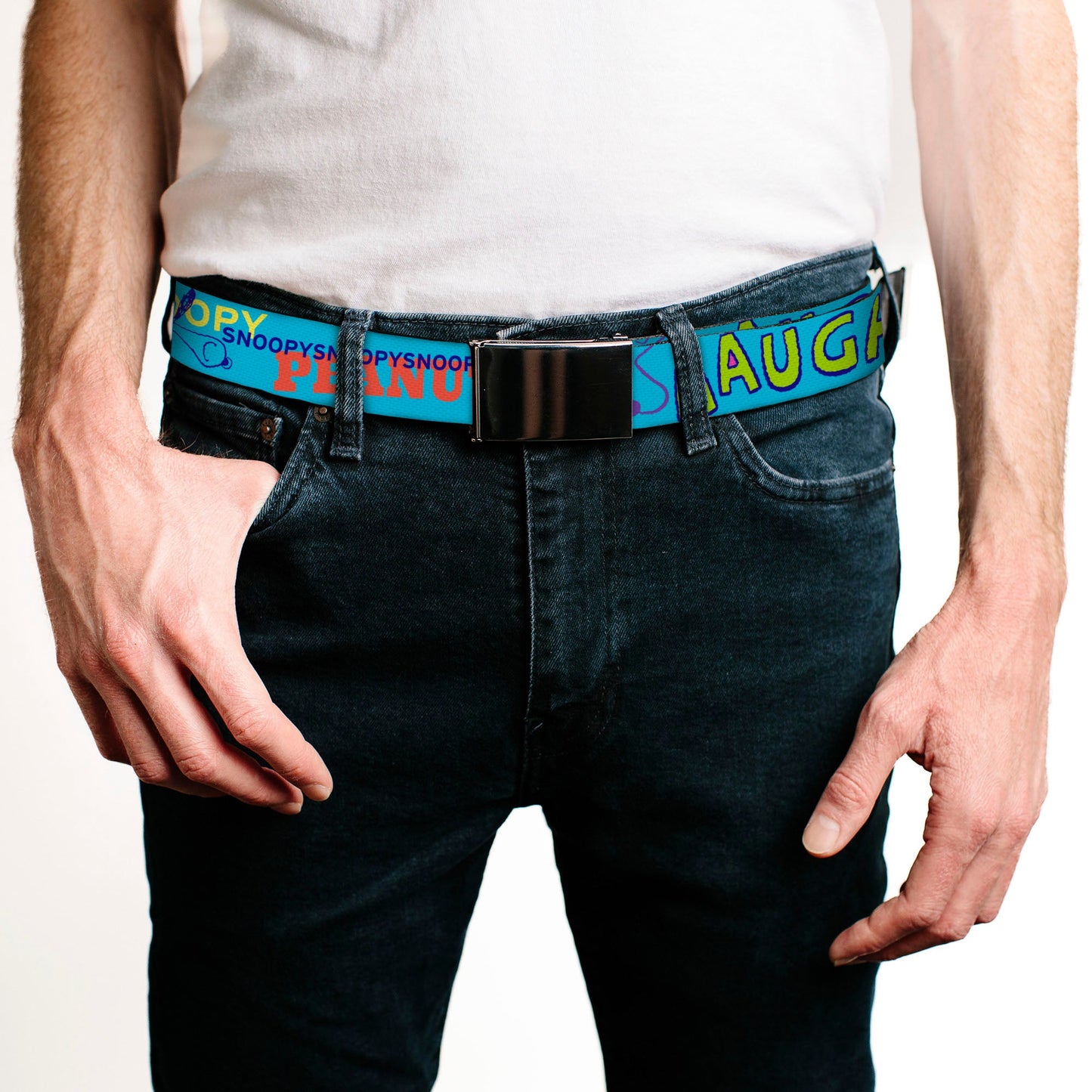 Web Belt Clamp Buckle - Peanuts Charlie Brown Snoopy Woodstock Typography